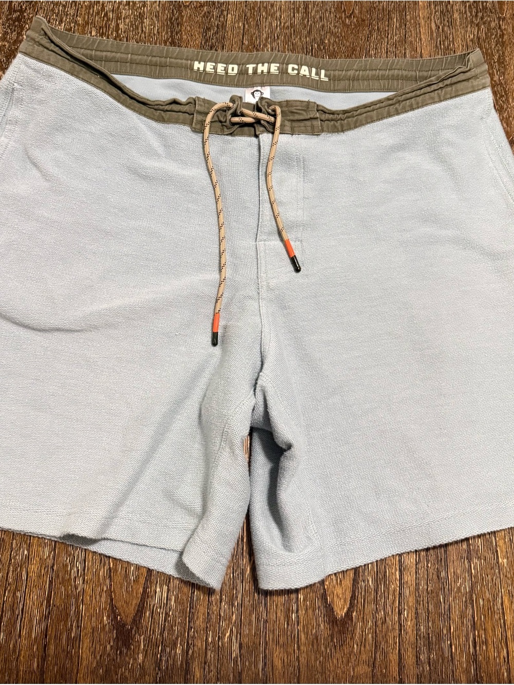 Light Blue Casual Drawstring Shorts with Olive Waistband